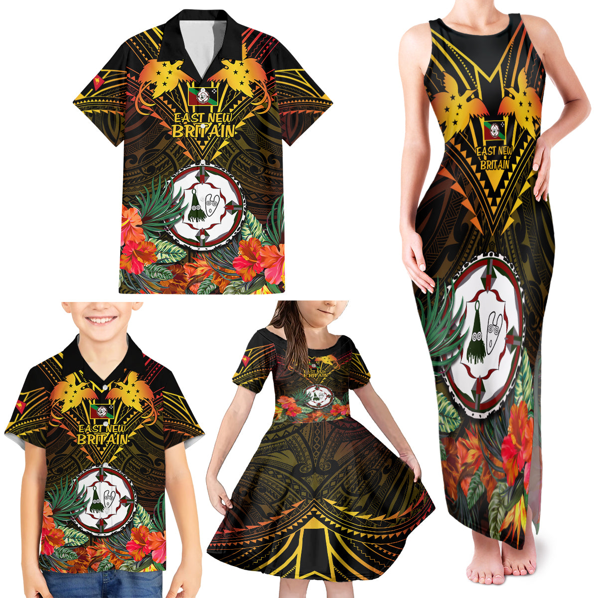 Papua New Guinea East New Britain Province Family Matching Tank Maxi Dress and Hawaiian Shirt Papua Niugini Coat Of Arms With Flag Style - Wonder Print Shop