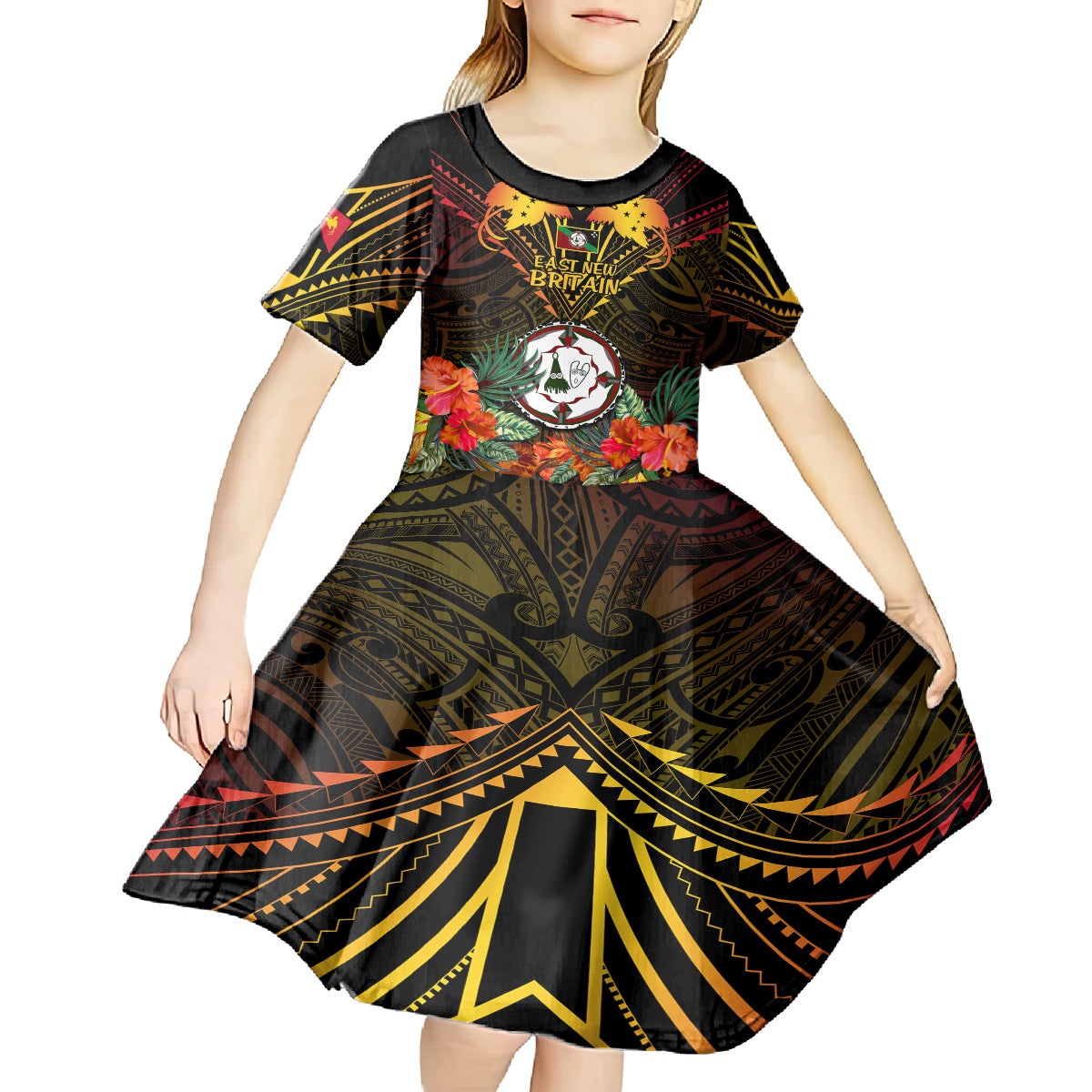 Papua New Guinea East New Britain Province Kid Short Sleeve Dress Papua Niugini Coat Of Arms With Flag Style - Wonder Print Shop