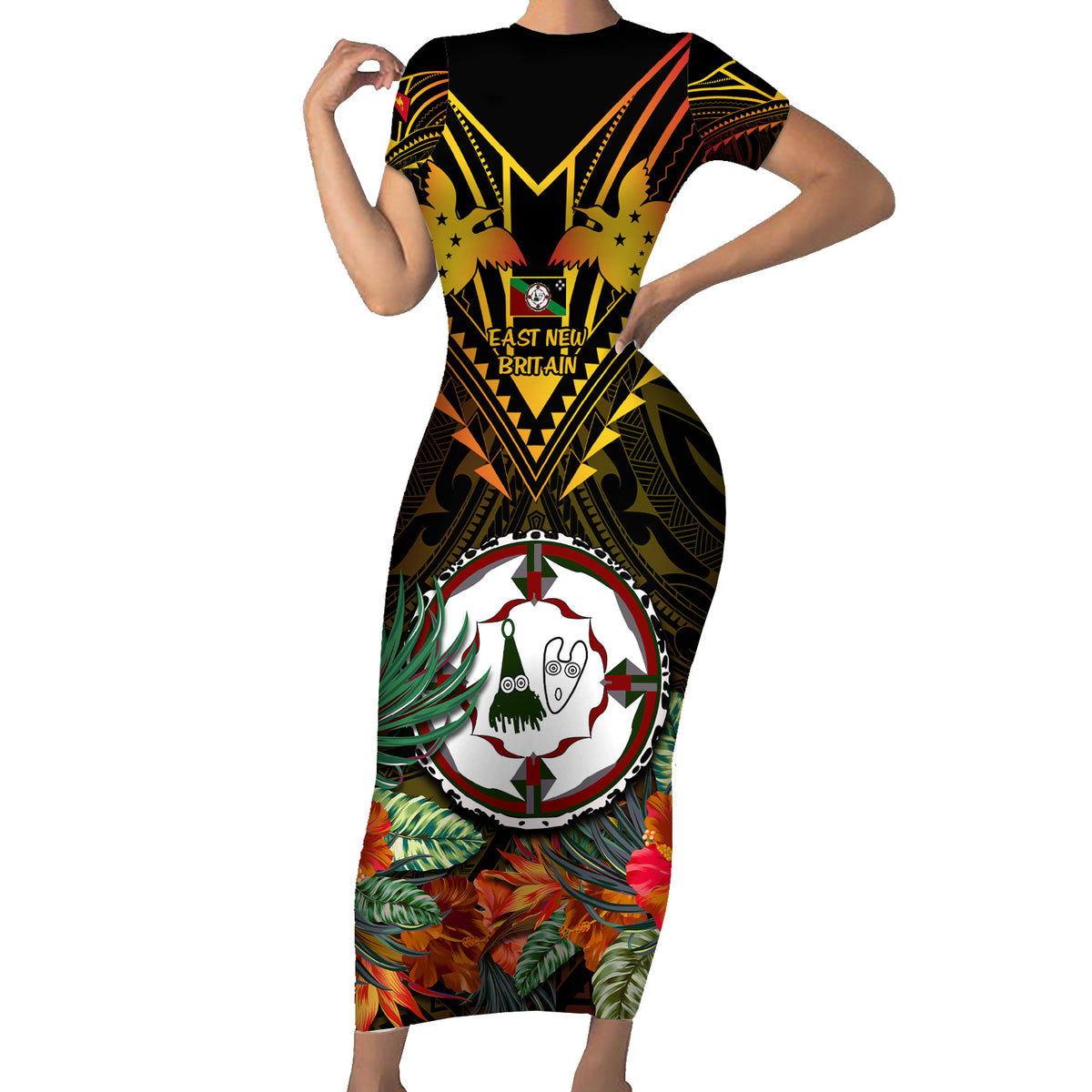 Papua New Guinea East New Britain Province Short Sleeve Bodycon Dress Papua Niugini Coat Of Arms With Flag Style - Wonder Print Shop