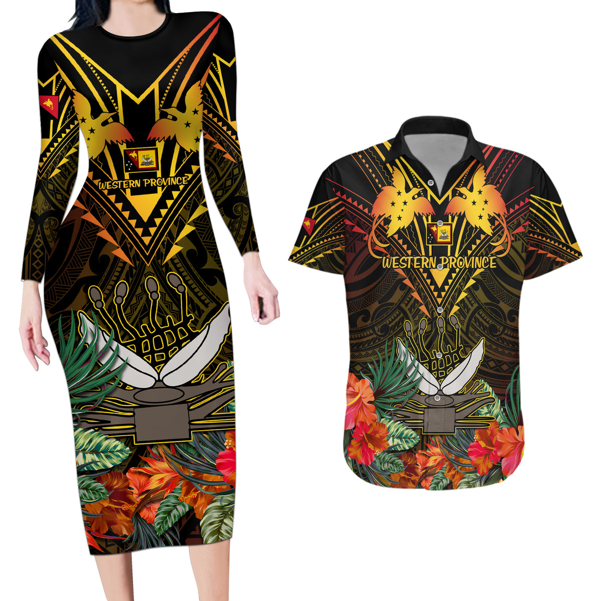 Papua New Guinea Western Province Couples Matching Long Sleeve Bodycon Dress and Hawaiian Shirt Papua Niugini Coat Of Arms With Flag Style - Wonder Print Shop