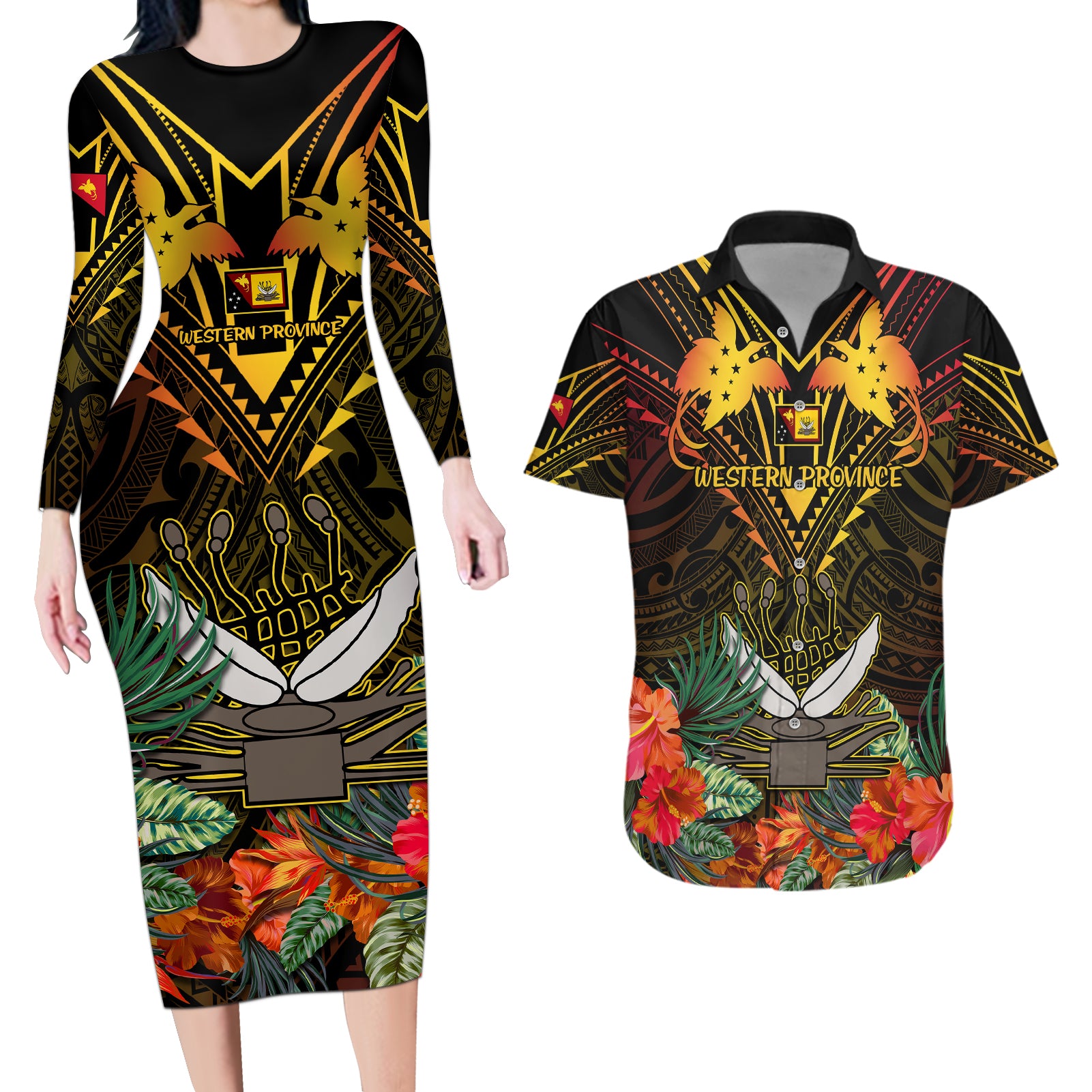 Papua New Guinea Western Province Couples Matching Long Sleeve Bodycon Dress and Hawaiian Shirt Papua Niugini Coat Of Arms With Flag Style - Wonder Print Shop