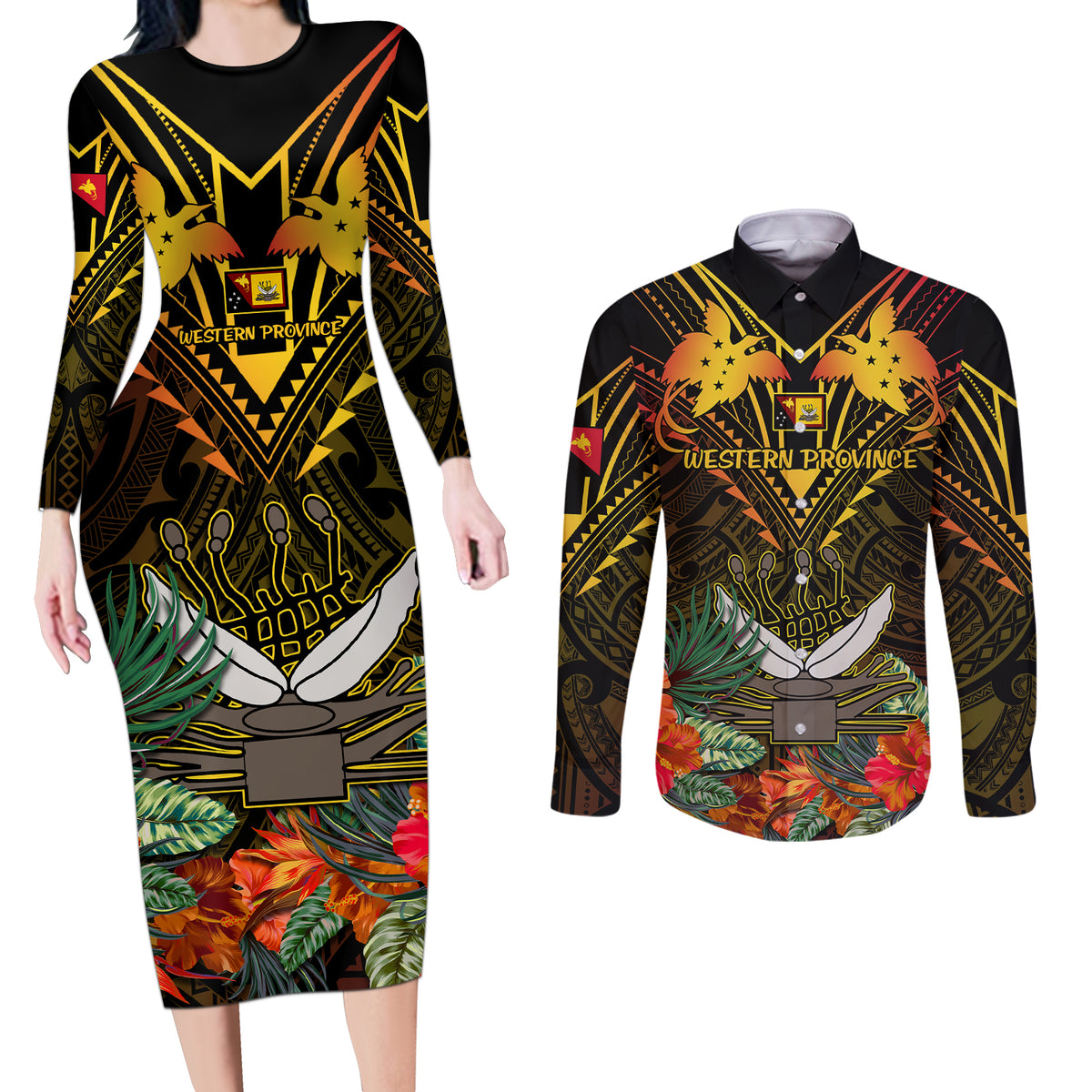 Papua New Guinea Western Province Couples Matching Long Sleeve Bodycon Dress and Long Sleeve Button Shirts Papua Niugini Coat Of Arms With Flag Style - Wonder Print Shop