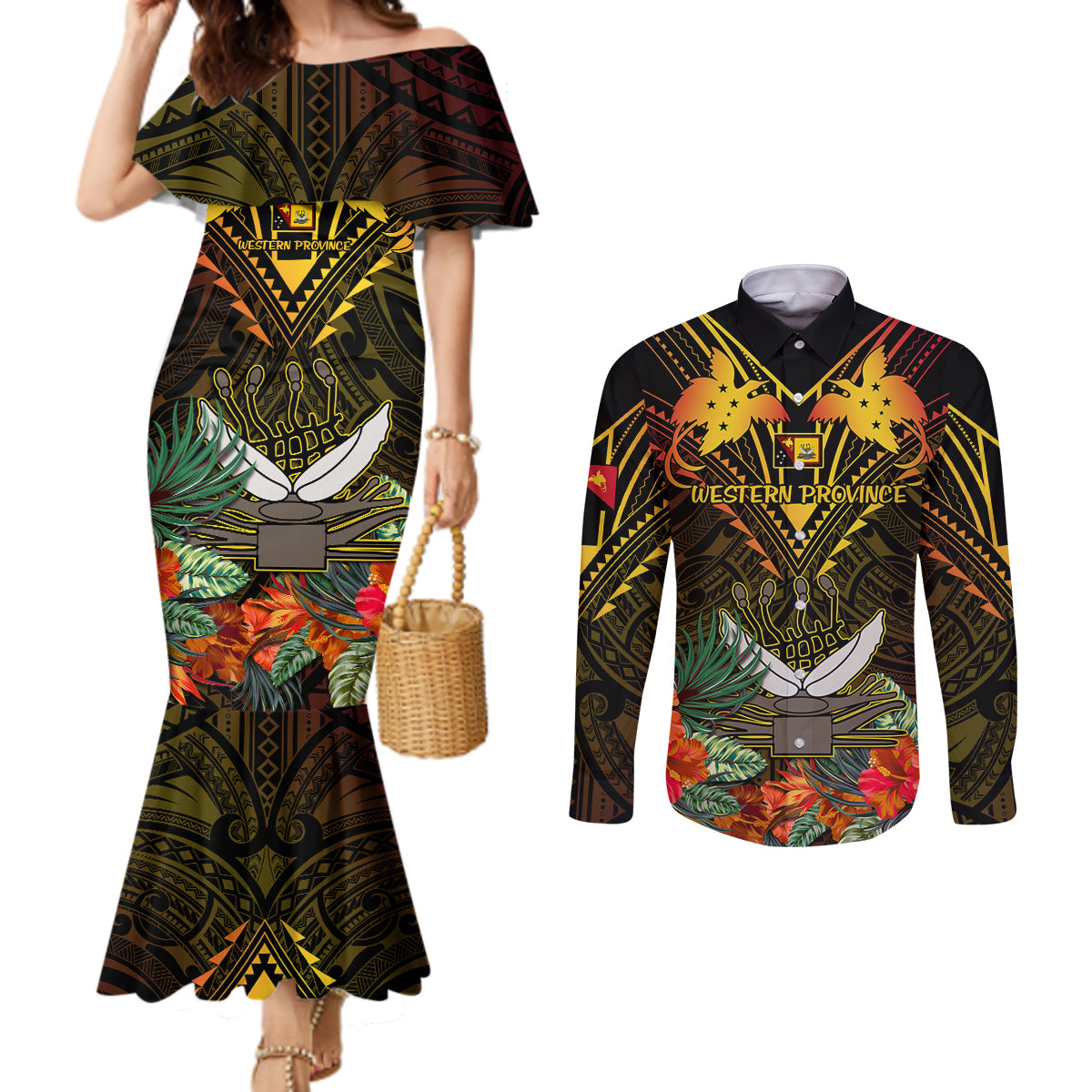 papua-new-guinea-western-province-couples-matching-mermaid-dress-and-long-sleeve-button-shirts-papua-niugini-coat-of-arms-with-flag-style