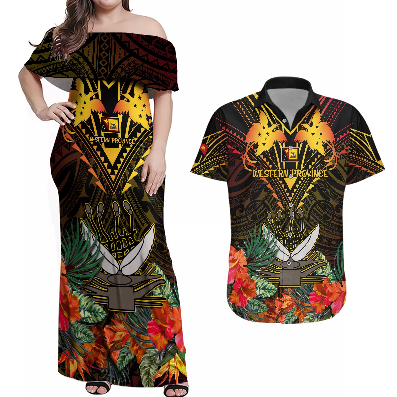 Papua New Guinea Western Province Couples Matching Off Shoulder Maxi Dress and Hawaiian Shirt Papua Niugini Coat Of Arms With Flag Style - Wonder Print Shop