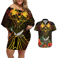 Papua New Guinea Western Province Couples Matching Off Shoulder Short Dress and Hawaiian Shirt Papua Niugini Coat Of Arms With Flag Style - Wonder Print Shop