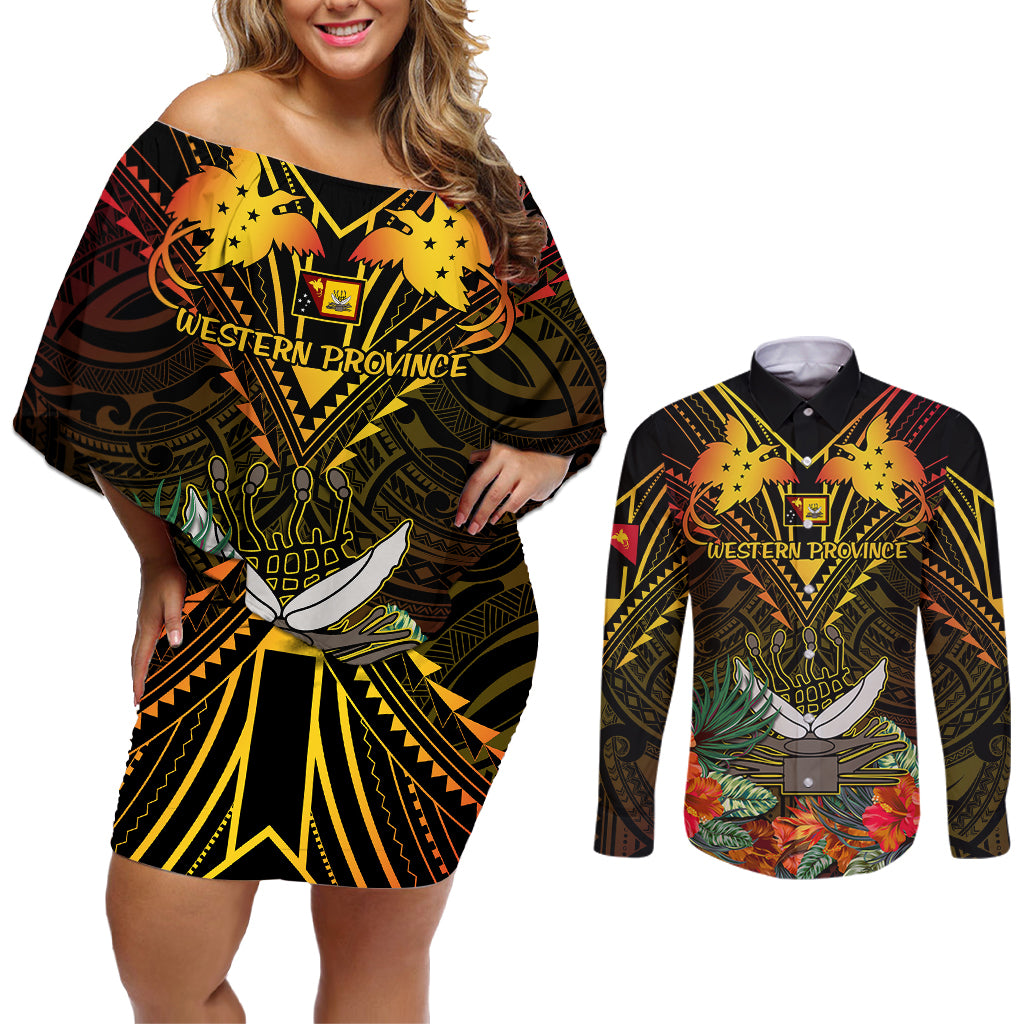 Papua New Guinea Western Province Couples Matching Off Shoulder Short Dress and Long Sleeve Button Shirts Papua Niugini Coat Of Arms With Flag Style - Wonder Print Shop