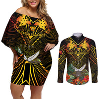 Papua New Guinea Western Province Couples Matching Off Shoulder Short Dress and Long Sleeve Button Shirts Papua Niugini Coat Of Arms With Flag Style - Wonder Print Shop