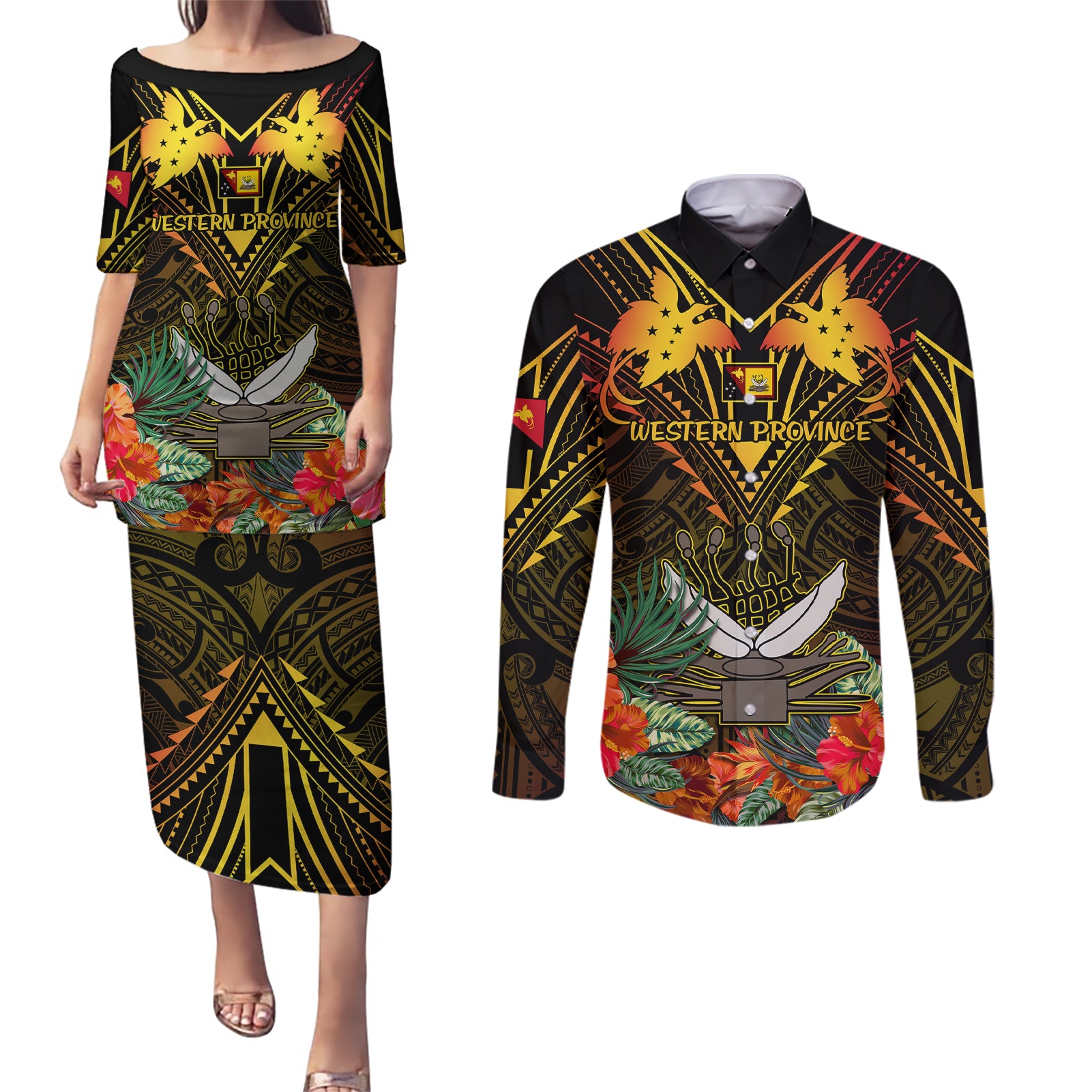 Papua New Guinea Western Province Couples Matching Puletasi Dress and Long Sleeve Button Shirts Papua Niugini Coat Of Arms With Flag Style - Wonder Print Shop