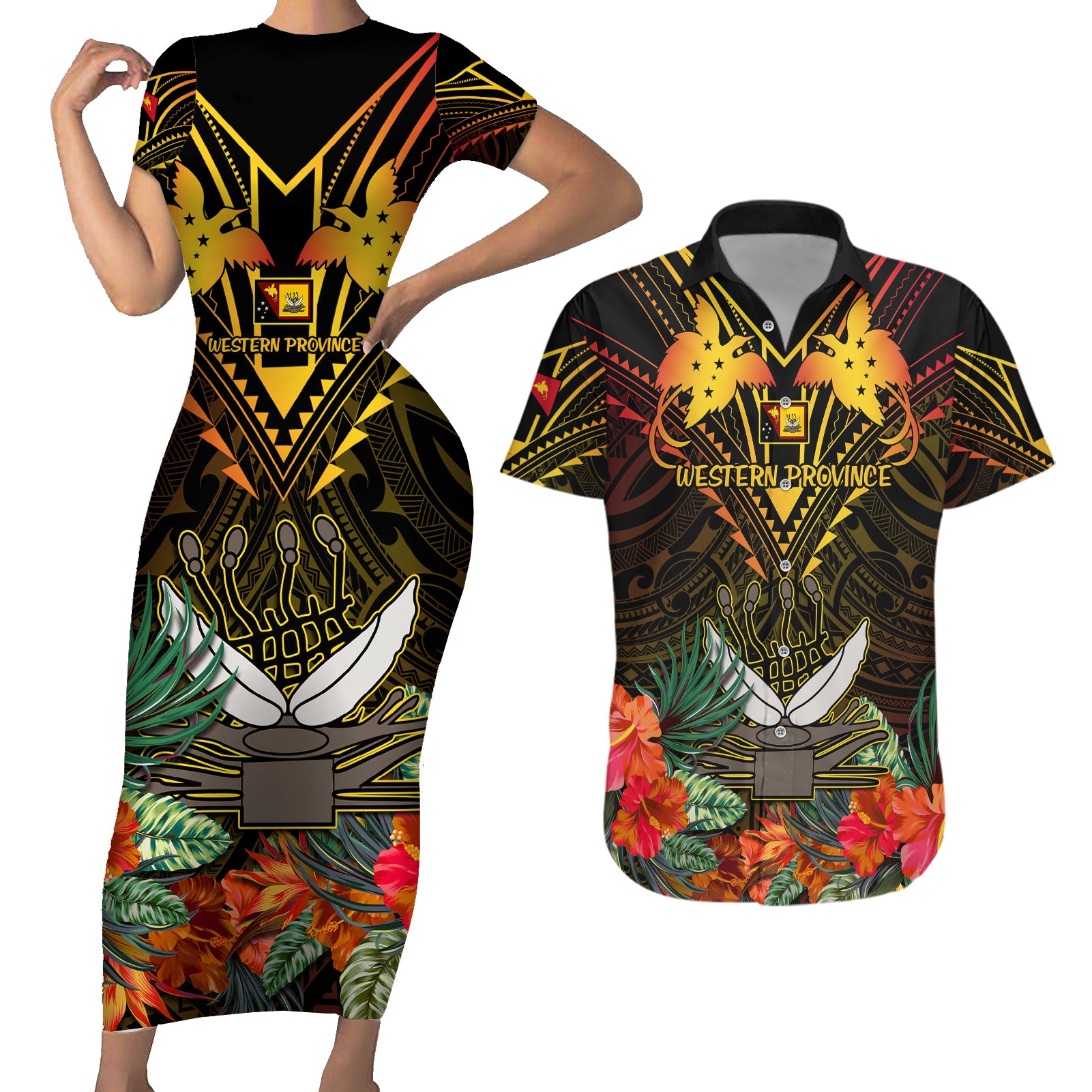 Papua New Guinea Western Province Couples Matching Short Sleeve Bodycon Dress and Hawaiian Shirt Papua Niugini Coat Of Arms With Flag Style - Wonder Print Shop