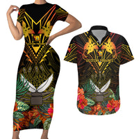 Papua New Guinea Western Province Couples Matching Short Sleeve Bodycon Dress and Hawaiian Shirt Papua Niugini Coat Of Arms With Flag Style - Wonder Print Shop