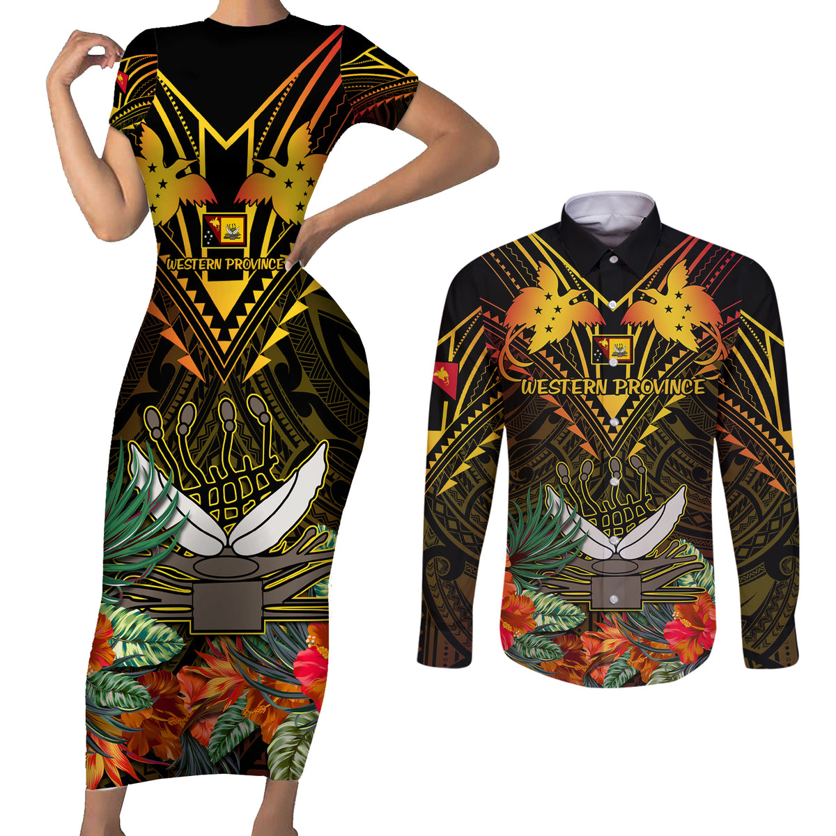 Papua New Guinea Western Province Couples Matching Short Sleeve Bodycon Dress and Long Sleeve Button Shirts Papua Niugini Coat Of Arms With Flag Style - Wonder Print Shop