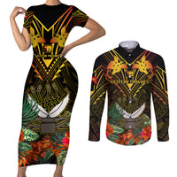 Papua New Guinea Western Province Couples Matching Short Sleeve Bodycon Dress and Long Sleeve Button Shirts Papua Niugini Coat Of Arms With Flag Style - Wonder Print Shop
