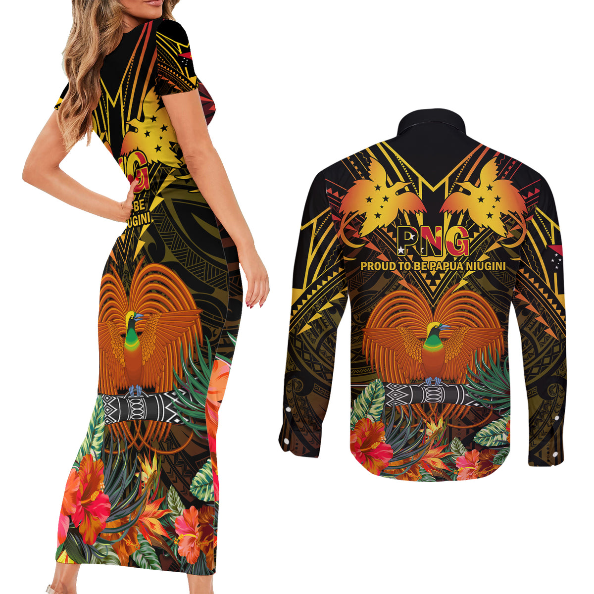 Papua New Guinea Western Province Couples Matching Short Sleeve Bodycon Dress and Long Sleeve Button Shirts Papua Niugini Coat Of Arms With Flag Style - Wonder Print Shop
