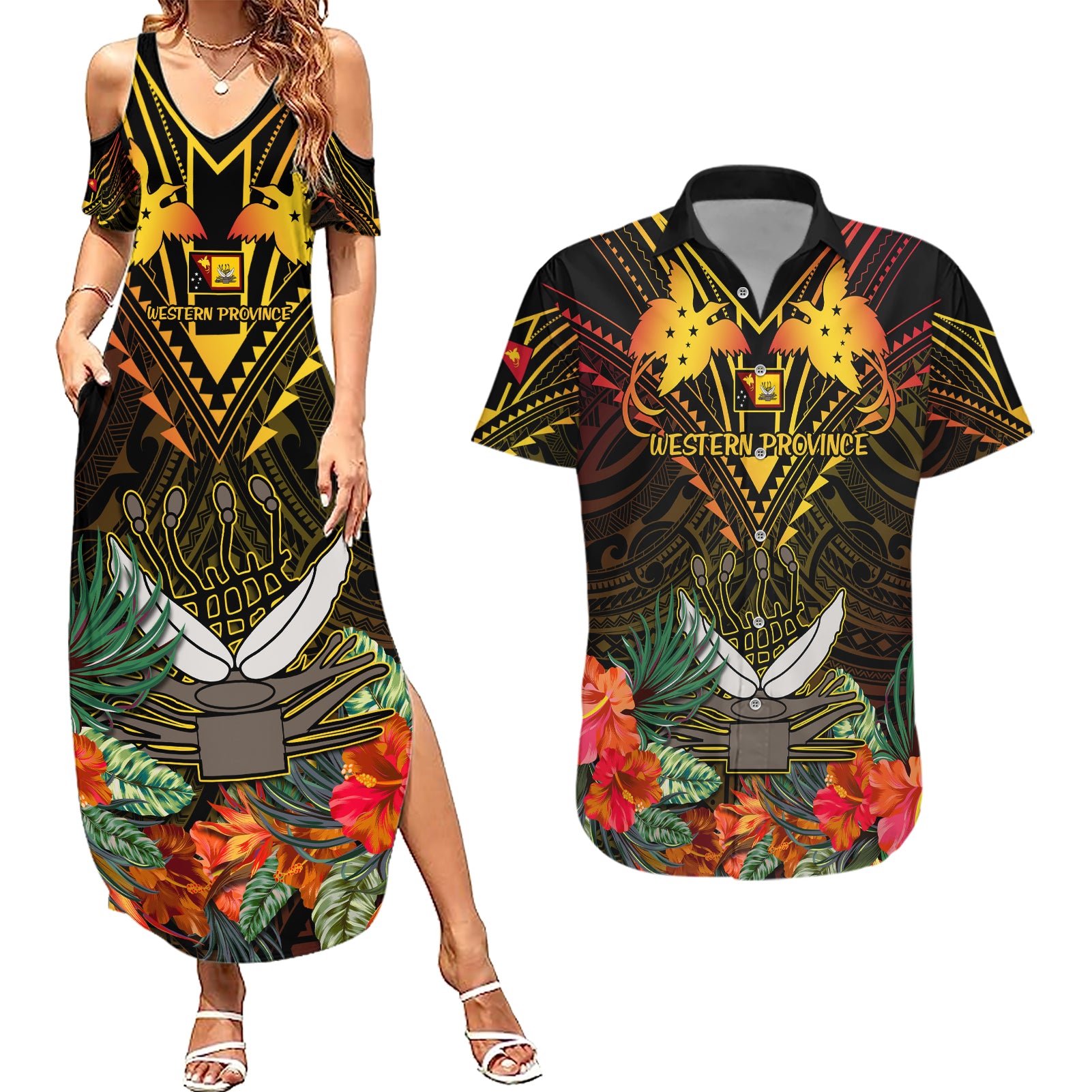 Papua New Guinea Western Province Couples Matching Summer Maxi Dress and Hawaiian Shirt Papua Niugini Coat Of Arms With Flag Style - Wonder Print Shop