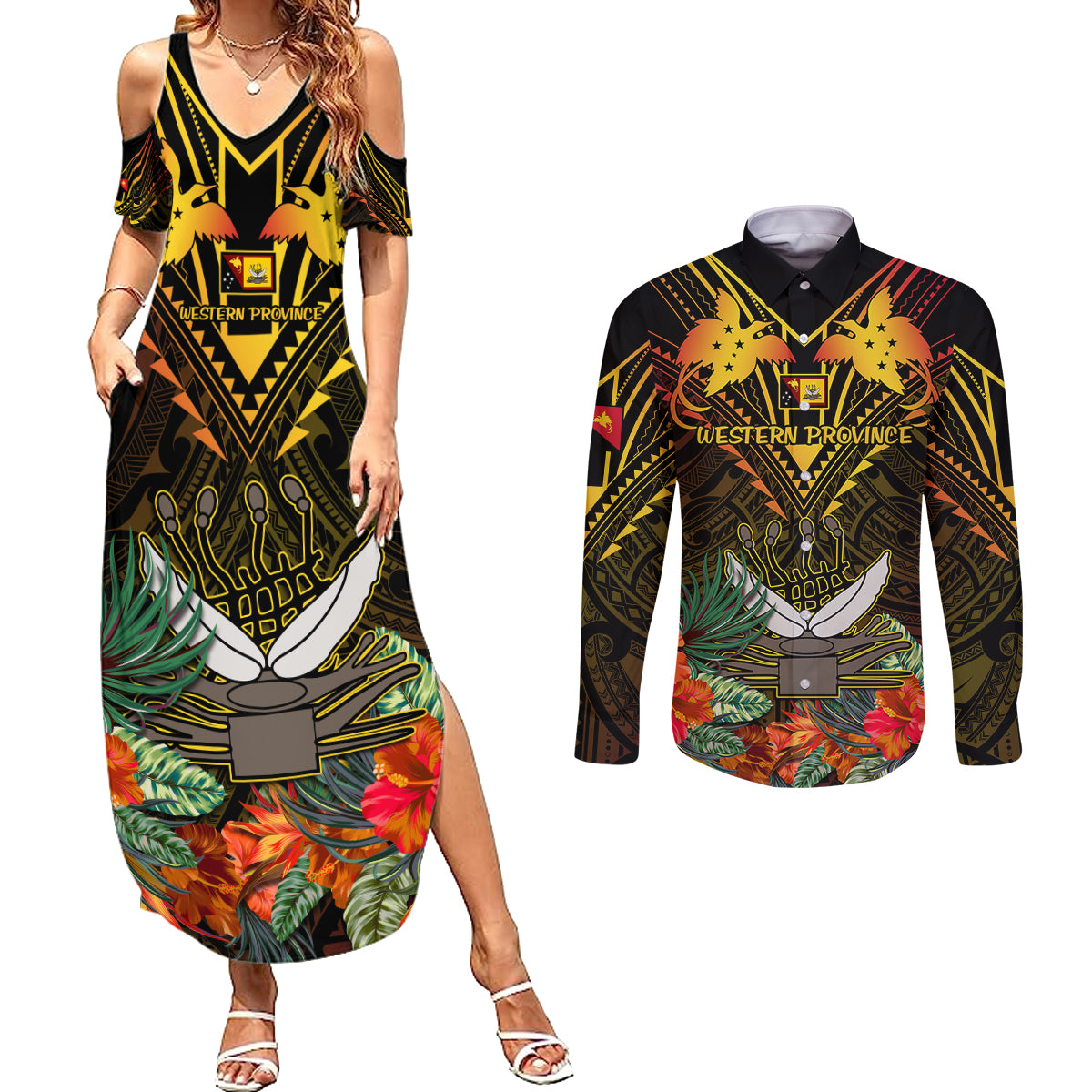 Papua New Guinea Western Province Couples Matching Summer Maxi Dress and Long Sleeve Button Shirts Papua Niugini Coat Of Arms With Flag Style - Wonder Print Shop