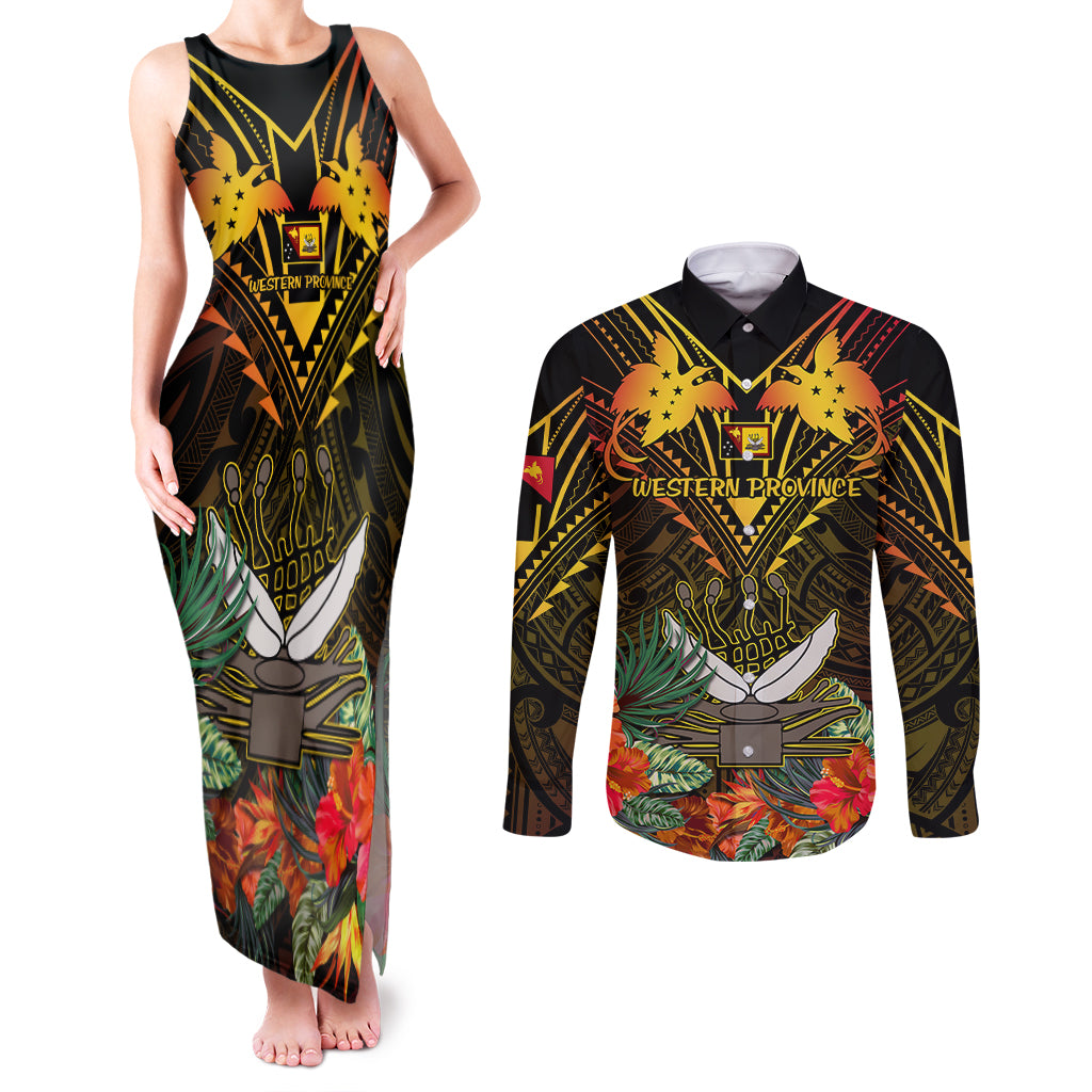 Papua New Guinea Western Province Couples Matching Tank Maxi Dress and Long Sleeve Button Shirts Papua Niugini Coat Of Arms With Flag Style - Wonder Print Shop