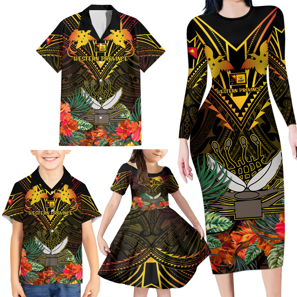 Papua New Guinea Western Province Family Matching Long Sleeve Bodycon Dress and Hawaiian Shirt Papua Niugini Coat Of Arms With Flag Style - Wonder Print Shop
