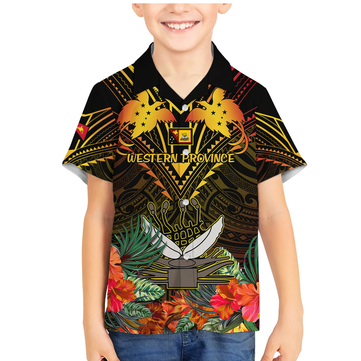 Papua New Guinea Western Province Family Matching Mermaid Dress and Hawaiian Shirt Papua Niugini Coat Of Arms With Flag Style - Wonder Print Shop