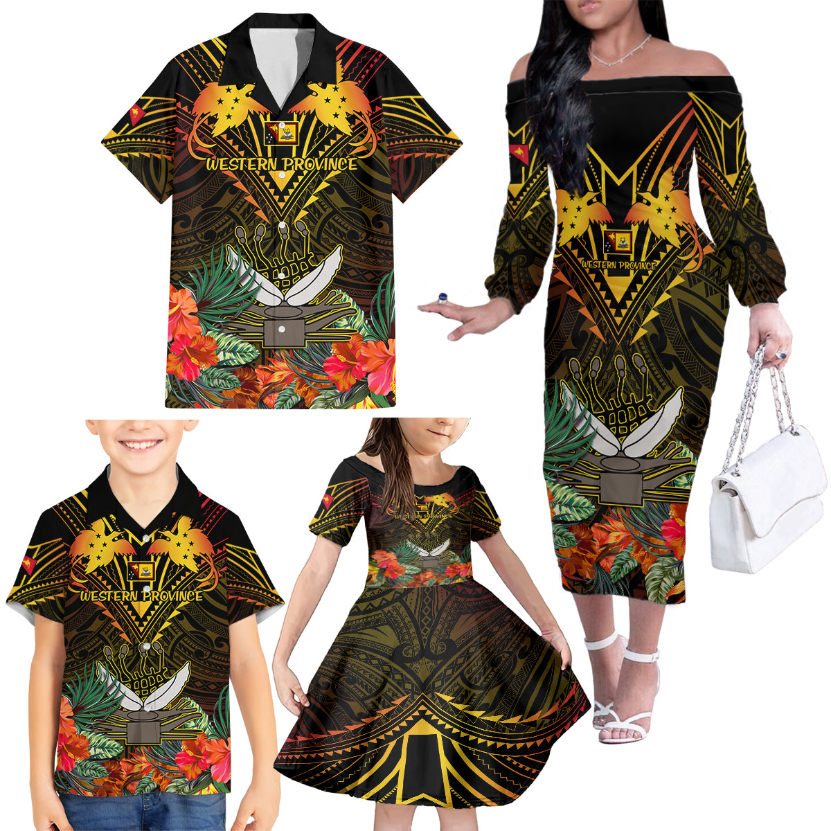 Papua New Guinea Western Province Family Matching Off Shoulder Long Sleeve Dress and Hawaiian Shirt Papua Niugini Coat Of Arms With Flag Style - Wonder Print Shop
