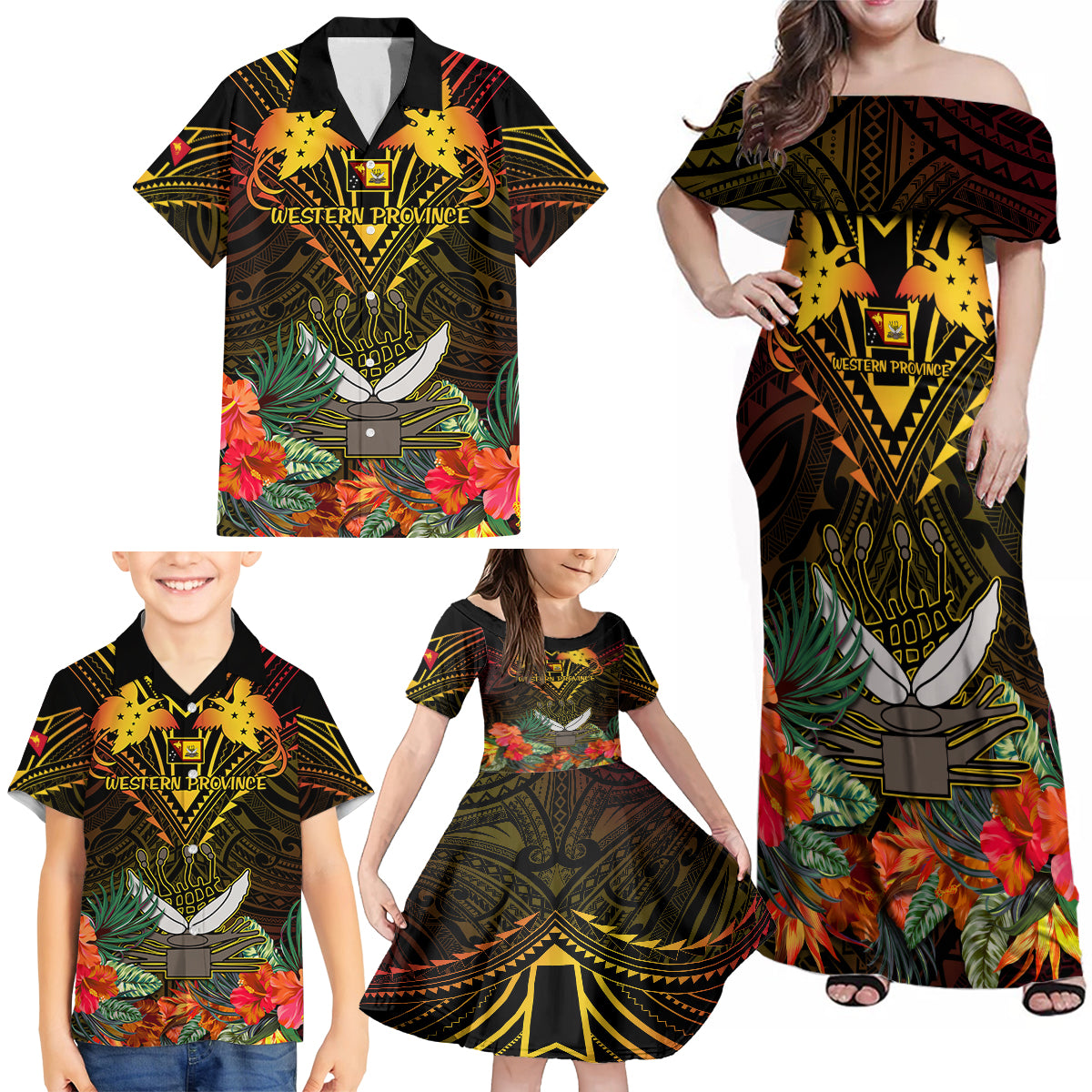 Papua New Guinea Western Province Family Matching Off Shoulder Maxi Dress and Hawaiian Shirt Papua Niugini Coat Of Arms With Flag Style - Wonder Print Shop