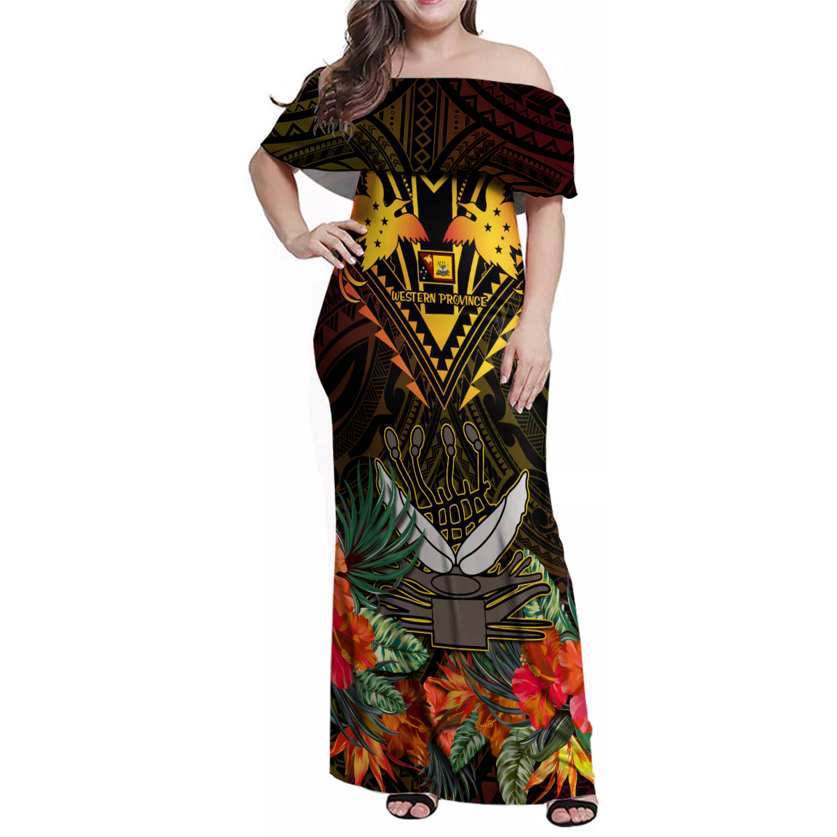 Papua New Guinea Western Province Family Matching Off Shoulder Maxi Dress and Hawaiian Shirt Papua Niugini Coat Of Arms With Flag Style - Wonder Print Shop
