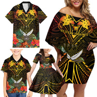 Papua New Guinea Western Province Family Matching Off Shoulder Short Dress and Hawaiian Shirt Papua Niugini Coat Of Arms With Flag Style - Wonder Print Shop