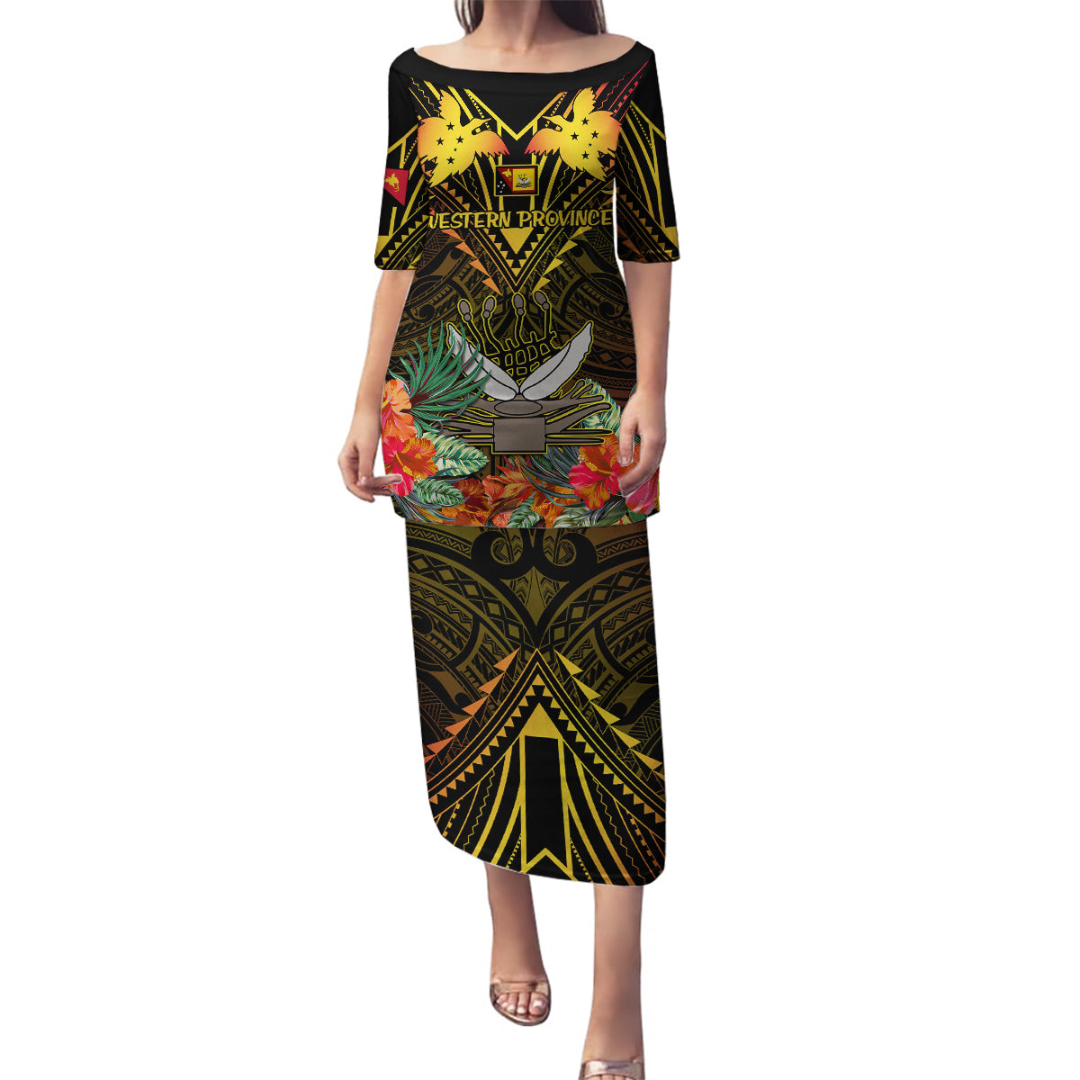 Papua New Guinea Western Province Family Matching Puletasi Dress and Hawaiian Shirt Papua Niugini Coat Of Arms With Flag Style - Wonder Print Shop