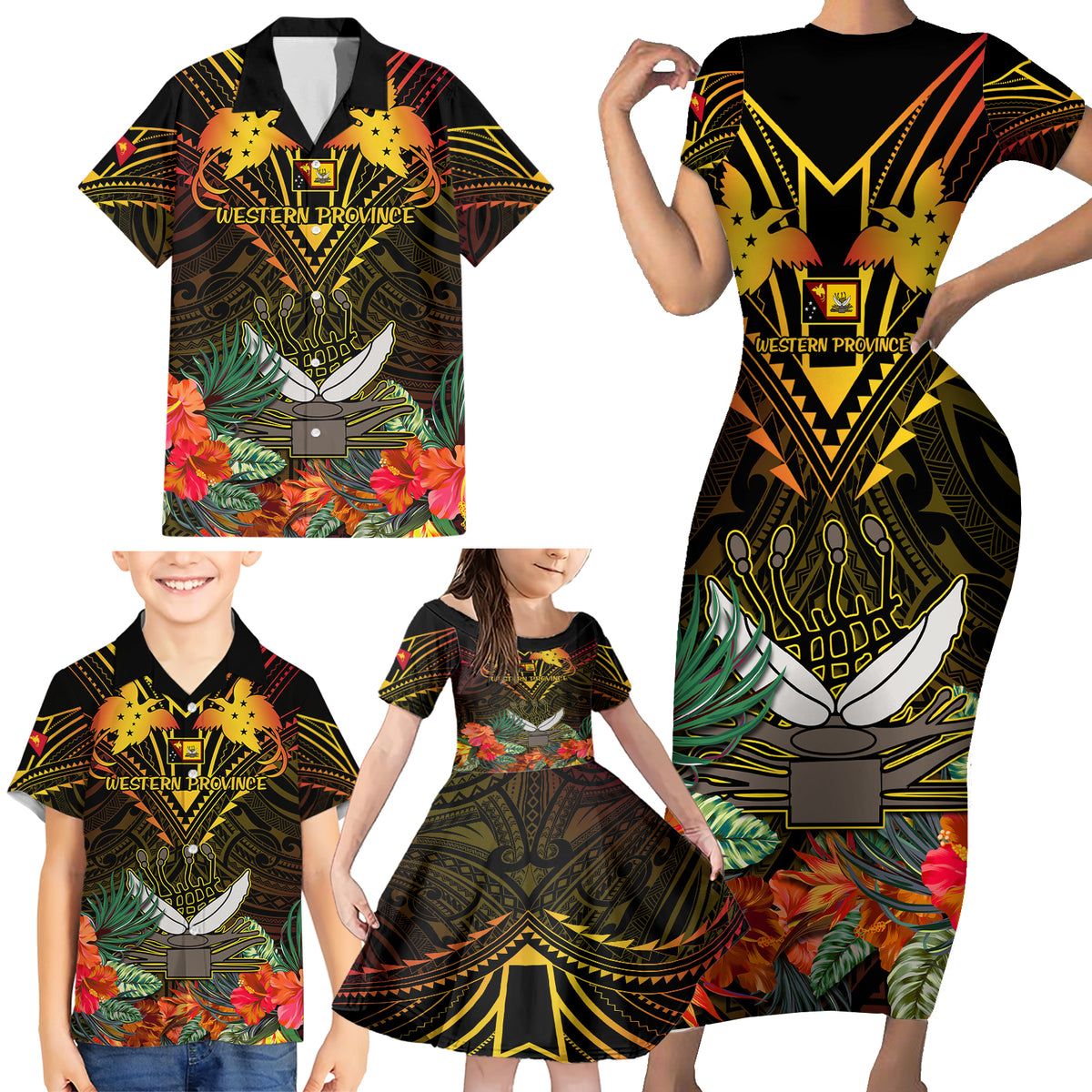 Papua New Guinea Western Province Family Matching Short Sleeve Bodycon Dress and Hawaiian Shirt Papua Niugini Coat Of Arms With Flag Style - Wonder Print Shop