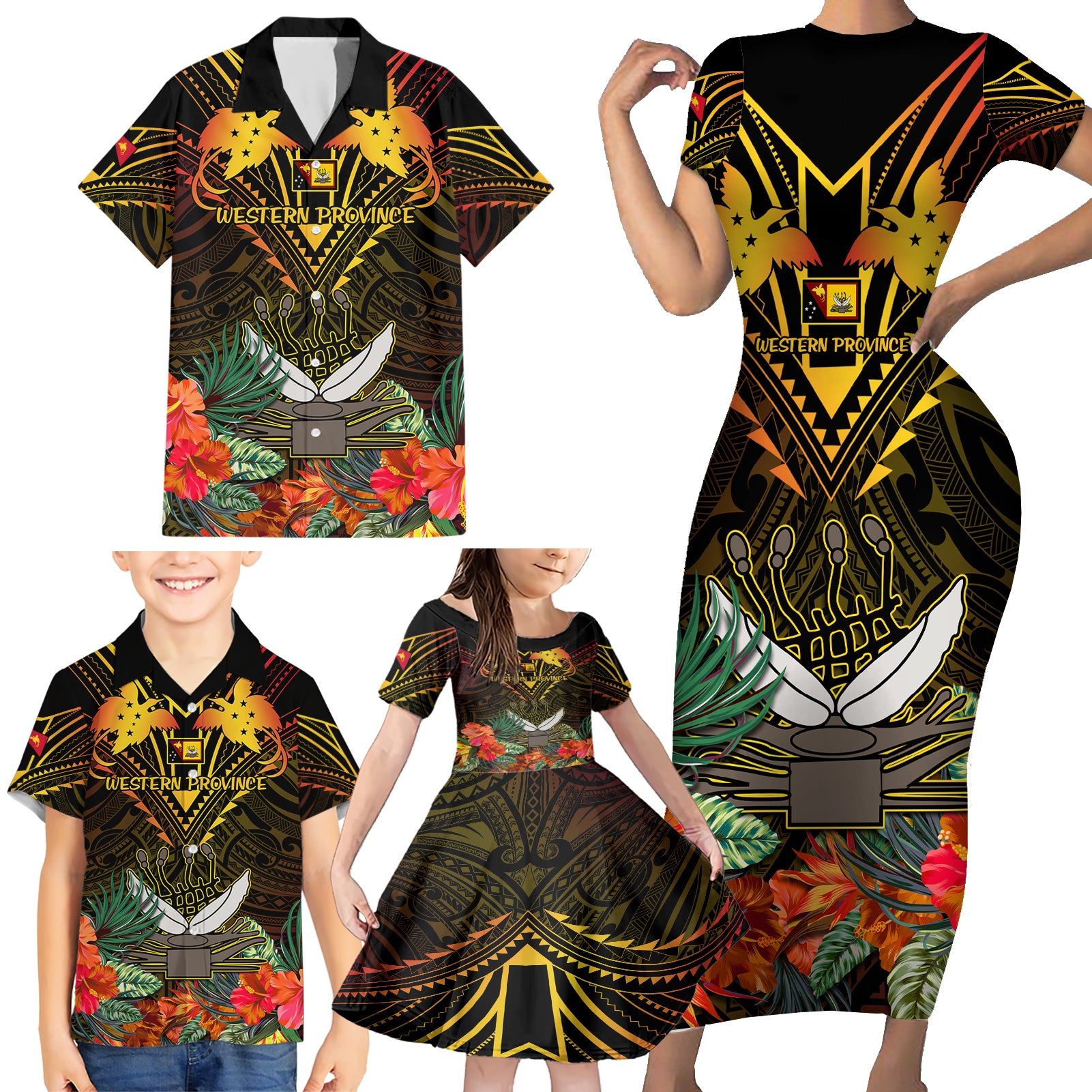 Papua New Guinea Western Province Family Matching Short Sleeve Bodycon Dress and Hawaiian Shirt Papua Niugini Coat Of Arms With Flag Style - Wonder Print Shop