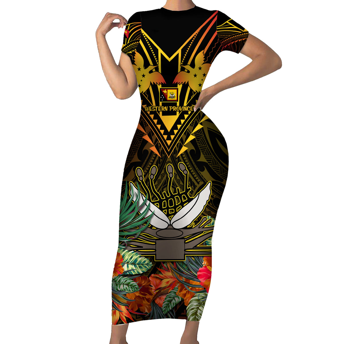 Papua New Guinea Western Province Family Matching Short Sleeve Bodycon Dress and Hawaiian Shirt Papua Niugini Coat Of Arms With Flag Style - Wonder Print Shop