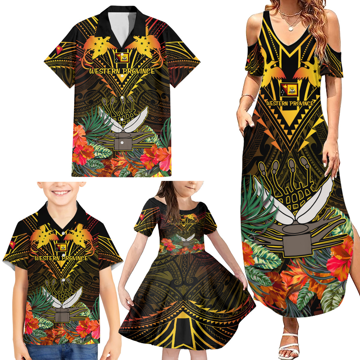 Papua New Guinea Western Province Family Matching Summer Maxi Dress and Hawaiian Shirt Papua Niugini Coat Of Arms With Flag Style - Wonder Print Shop