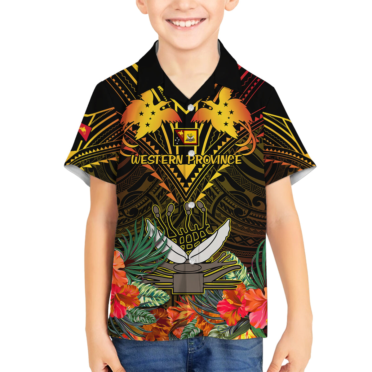 Papua New Guinea Western Province Kid Hawaiian Shirt Papua Niugini Coat Of Arms With Flag Style - Wonder Print Shop