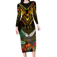 Papua New Guinea Western Province Long Sleeve Bodycon Dress Papua Niugini Coat Of Arms With Flag Style - Wonder Print Shop