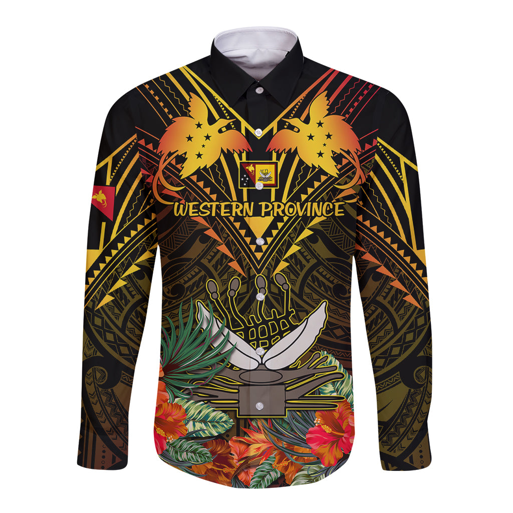 Papua New Guinea Western Province Long Sleeve Button Shirt Papua Niugini Coat Of Arms With Flag Style - Wonder Print Shop
