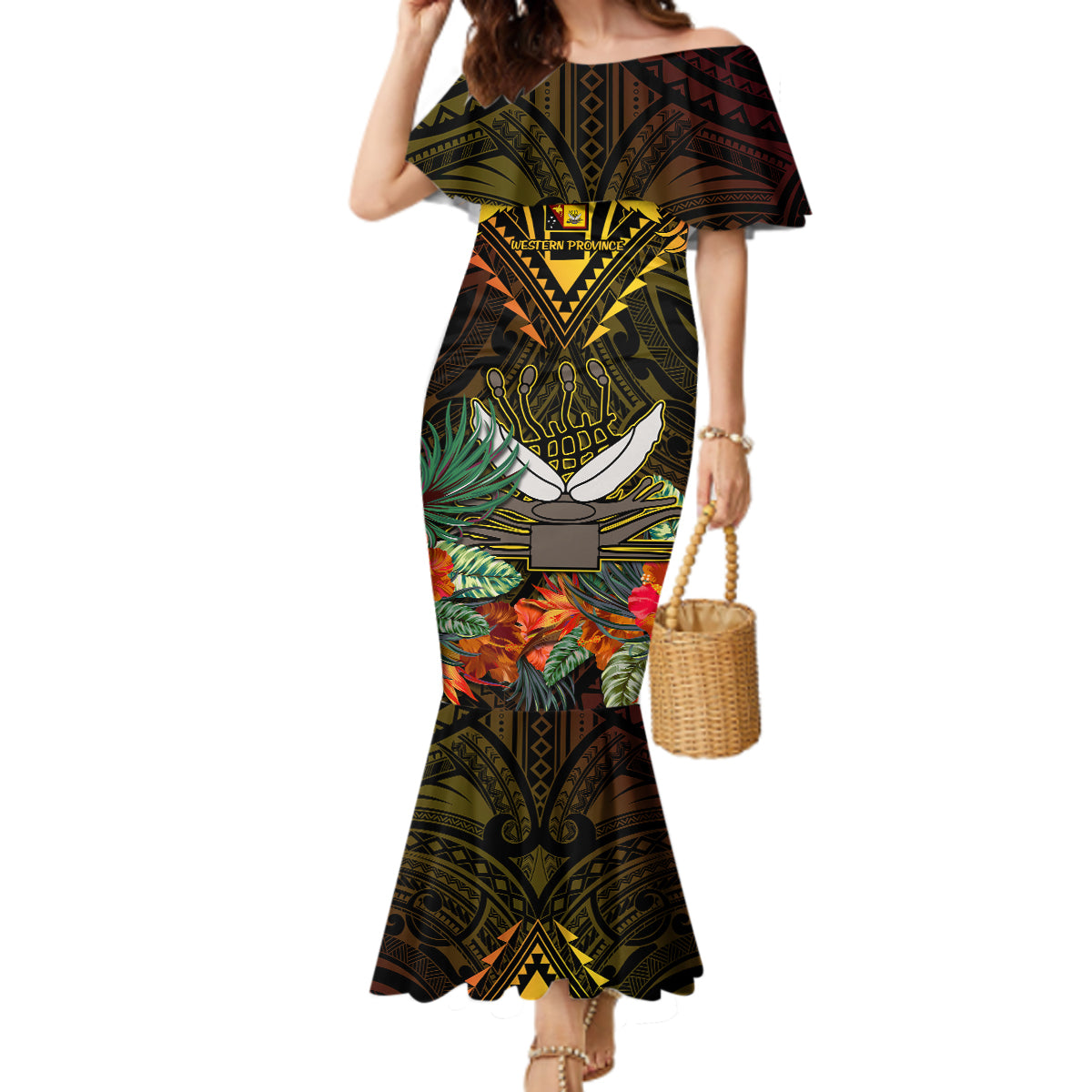 Papua New Guinea Western Province Mermaid Dress Papua Niugini Coat Of Arms With Flag Style - Wonder Print Shop