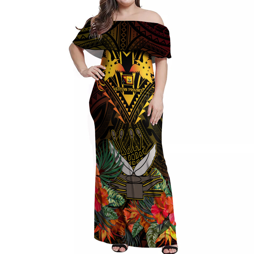 Papua New Guinea Western Province Off Shoulder Maxi Dress Papua Niugini Coat Of Arms With Flag Style - Wonder Print Shop