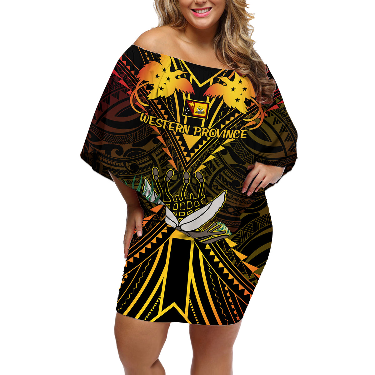 Papua New Guinea Western Province Off Shoulder Short Dress Papua Niugini Coat Of Arms With Flag Style - Wonder Print Shop