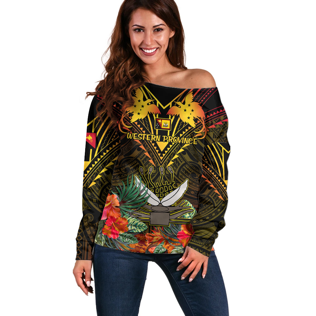 Papua New Guinea Western Province Off Shoulder Sweater Papua Niugini Coat Of Arms With Flag Style - Wonder Print Shop