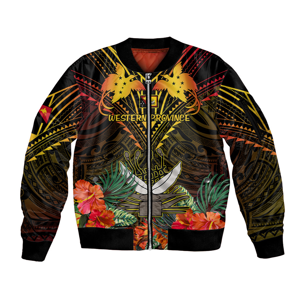 Papua New Guinea Western Province Sleeve Zip Bomber Jacket Papua Niugini Coat Of Arms With Flag Style - Wonder Print Shop