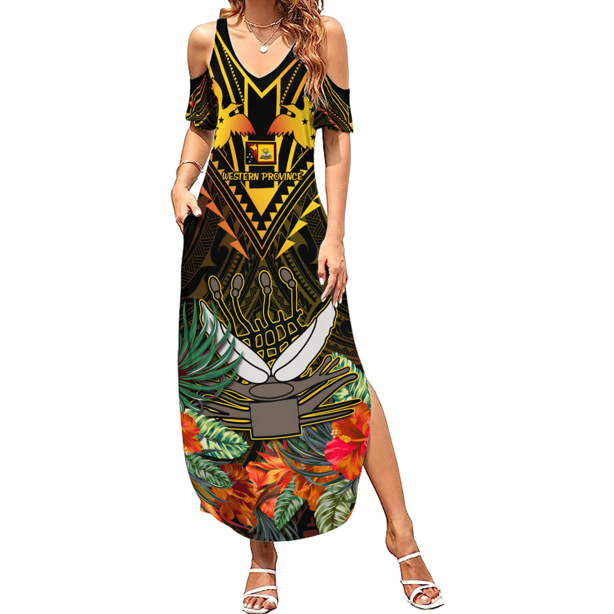 Papua New Guinea Western Province Summer Maxi Dress Papua Niugini Coat Of Arms With Flag Style - Wonder Print Shop