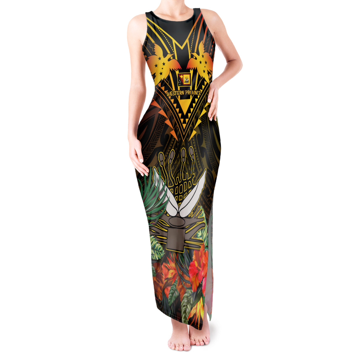 Papua New Guinea Western Province Tank Maxi Dress Papua Niugini Coat Of Arms With Flag Style - Wonder Print Shop