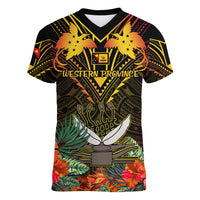 Papua New Guinea Western Province Women V Neck T Shirt Papua Niugini Coat Of Arms With Flag Style - Wonder Print Shop
