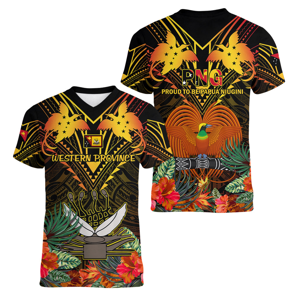 Papua New Guinea Western Province Women V Neck T Shirt Papua Niugini Coat Of Arms With Flag Style - Wonder Print Shop