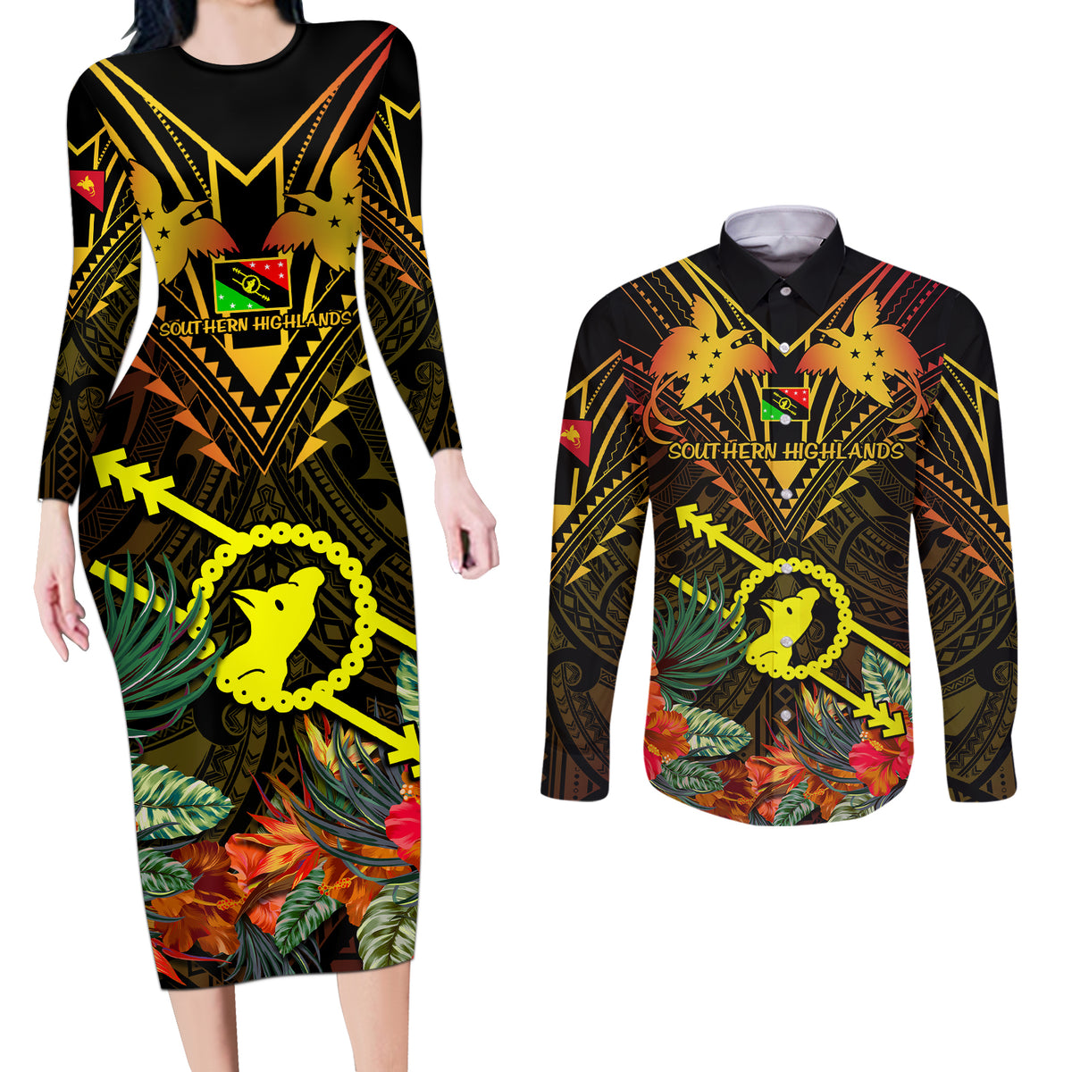 Papua New Guinea Southern Highlands Province Couples Matching Long Sleeve Bodycon Dress and Long Sleeve Button Shirts Papua Niugini Coat Of Arms With Flag Style - Wonder Print Shop