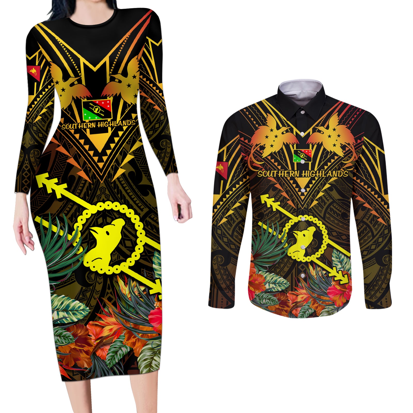 Papua New Guinea Southern Highlands Province Couples Matching Long Sleeve Bodycon Dress and Long Sleeve Button Shirts Papua Niugini Coat Of Arms With Flag Style - Wonder Print Shop