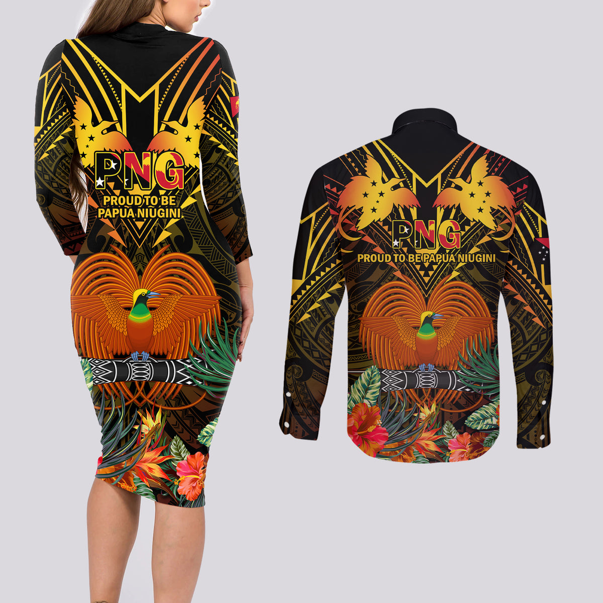 Papua New Guinea Southern Highlands Province Couples Matching Long Sleeve Bodycon Dress and Long Sleeve Button Shirts Papua Niugini Coat Of Arms With Flag Style - Wonder Print Shop