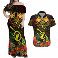 Papua New Guinea Southern Highlands Province Couples Matching Off Shoulder Maxi Dress and Hawaiian Shirt Papua Niugini Coat Of Arms With Flag Style - Wonder Print Shop