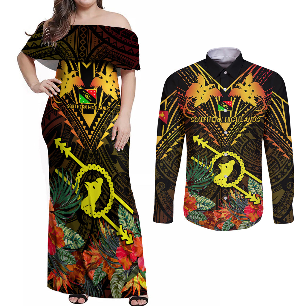 Papua New Guinea Southern Highlands Province Couples Matching Off Shoulder Maxi Dress and Long Sleeve Button Shirts Papua Niugini Coat Of Arms With Flag Style - Wonder Print Shop