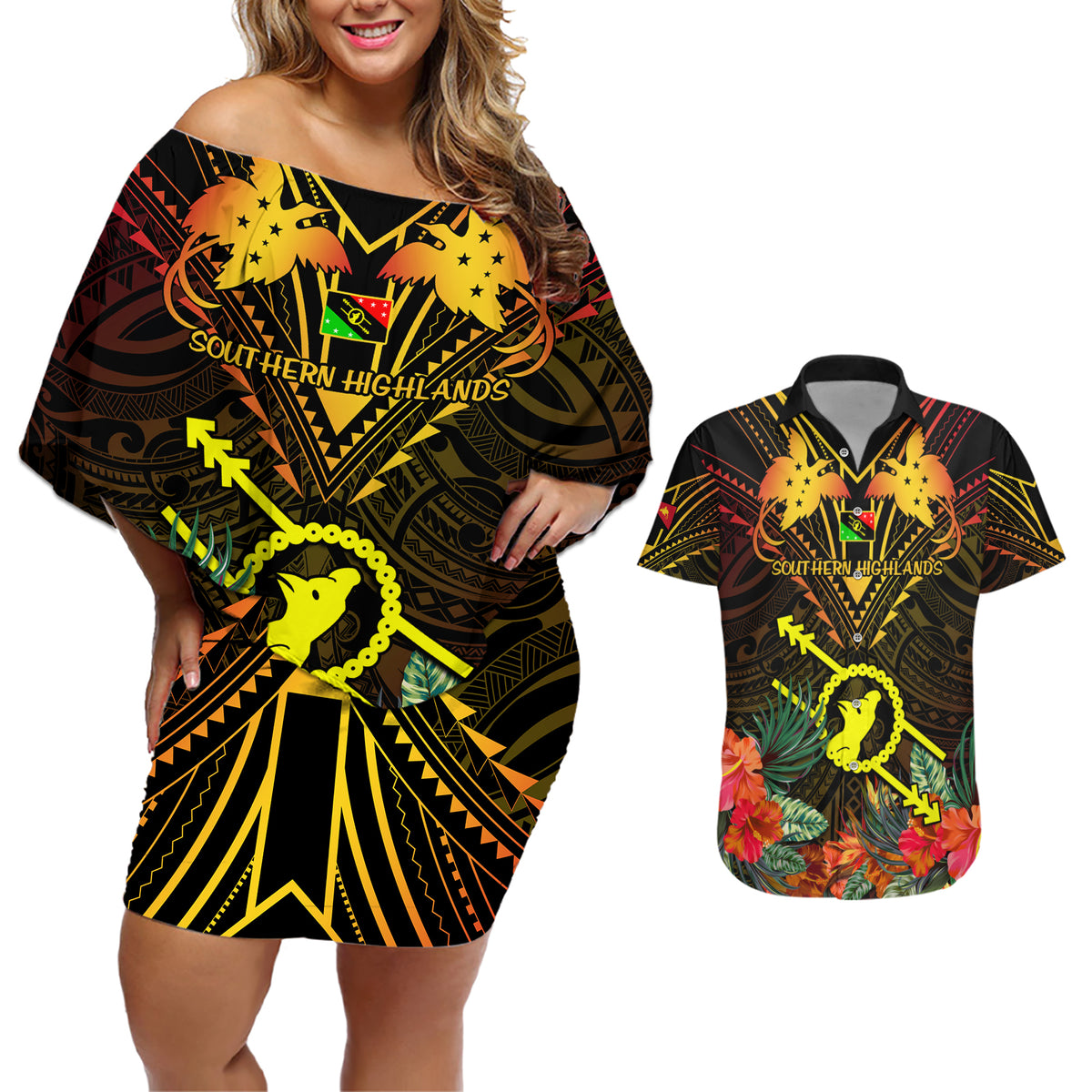 Papua New Guinea Southern Highlands Province Couples Matching Off Shoulder Short Dress and Hawaiian Shirt Papua Niugini Coat Of Arms With Flag Style - Wonder Print Shop