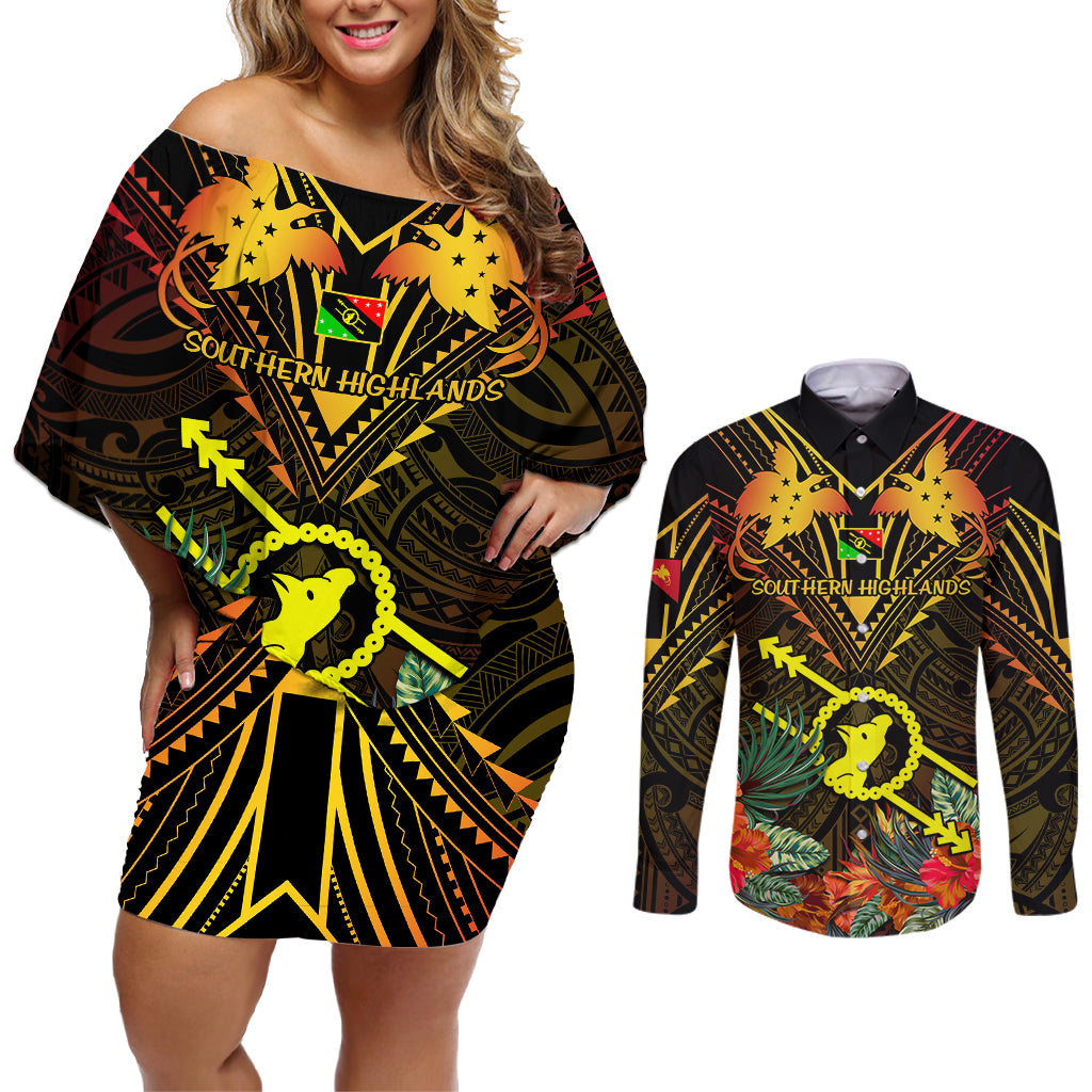 Papua New Guinea Southern Highlands Province Couples Matching Off Shoulder Short Dress and Long Sleeve Button Shirts Papua Niugini Coat Of Arms With Flag Style - Wonder Print Shop